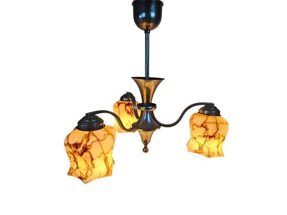 Image 1 of Niederländisches Design – Gispen-Stil – Pendelleuchte – Messing – Marmorglas – Art déco – 1930er Jahre