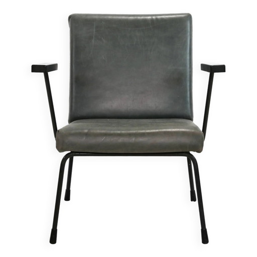 Sillón modernista holandés Gispen 1401 de Wim Rietveld en cuero verde – fauteuils, Leather, polished steel, Bauhaus