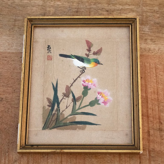 Acquerello cinese vintage su seta: uccelli e fiori – Decorazioni murali, Wood (photo 2 of 8)