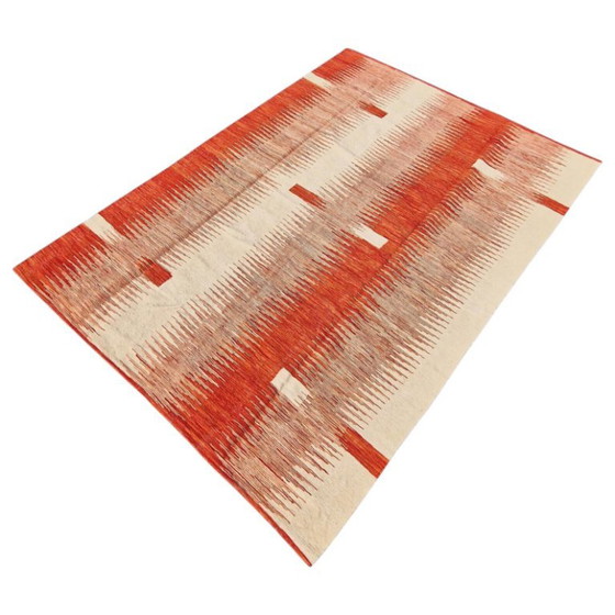 Handgeweven modern rood ikat kilim tapijt | Platgeweven wollen tapijt | 168 × 239 cm (66 × 94 inch) (photo 10 of 10)