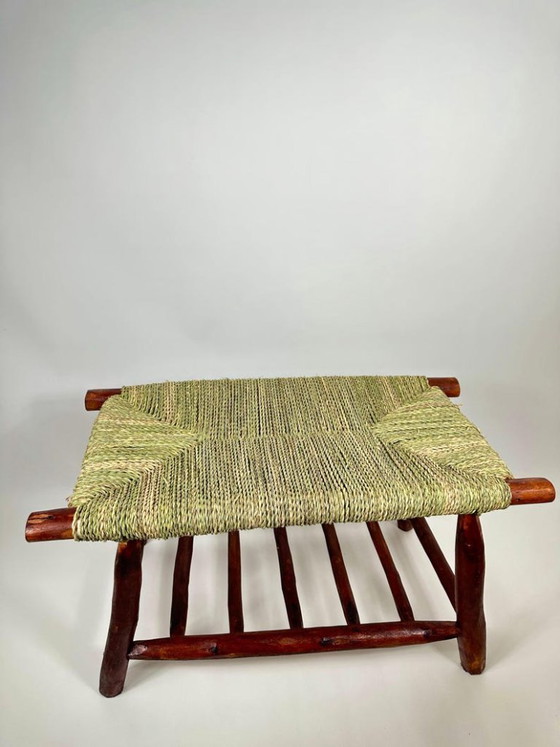 Image 1 of Panchina marocchina intrecciata a mano – Stile rustico boho, seduta in foglie di palma naturali