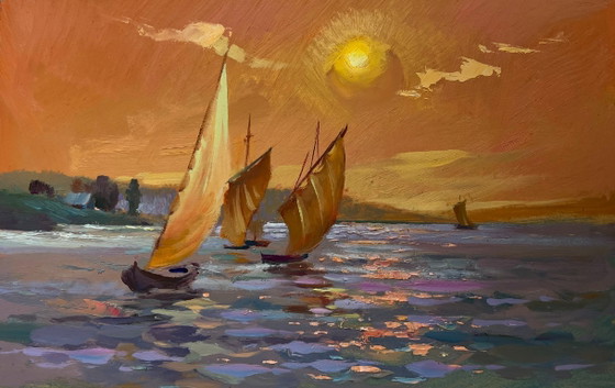 Image 1 of Original Oil Painting Sunset Sea Landscape Romantic evening swim