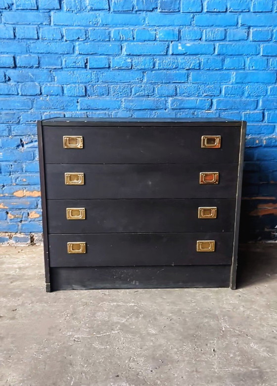 Image 1 of Vintage black Danish chest of drawers / brass
