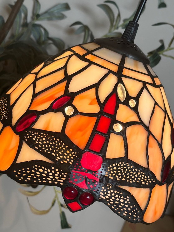 Image 1 of Stained glass pendant lamp with dragonflies beige with red