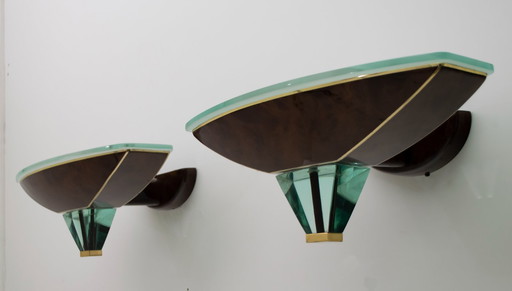 After Fontana Arte Pair of Modern Italian Glass and Brass Sconces, 1980s