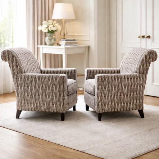 Pair of mid-century modern Nordic armchairs in solid wood with neutral textile upholstery, two items, dating from 1940–1950