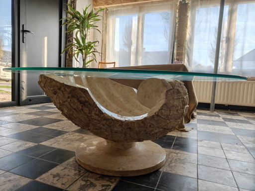Shell-shaped designer coffee table with glass top