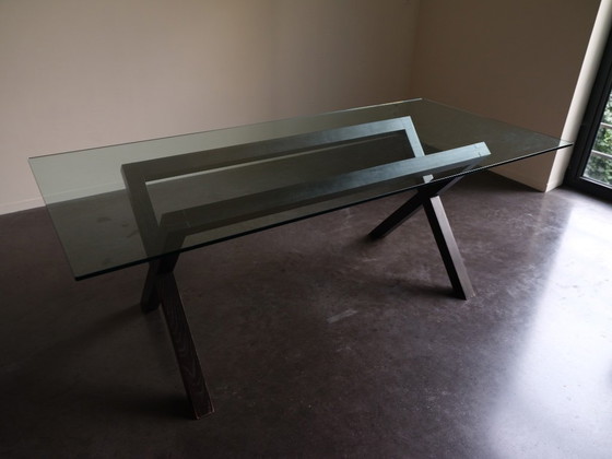 Image 1 of Glass dining table with wooden base 200x90cm