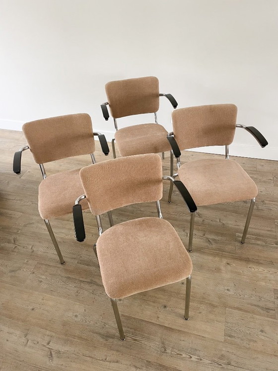 Image 1 of Ensemble de 4 chaises vintage à structure tubulaire | retapissées | avec accoudoirs