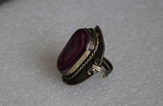 Image 1 of Anillo llamativo de plata de alpaca con una gran piedra semipreciosa morada, hecho a mano, talla ajustable.