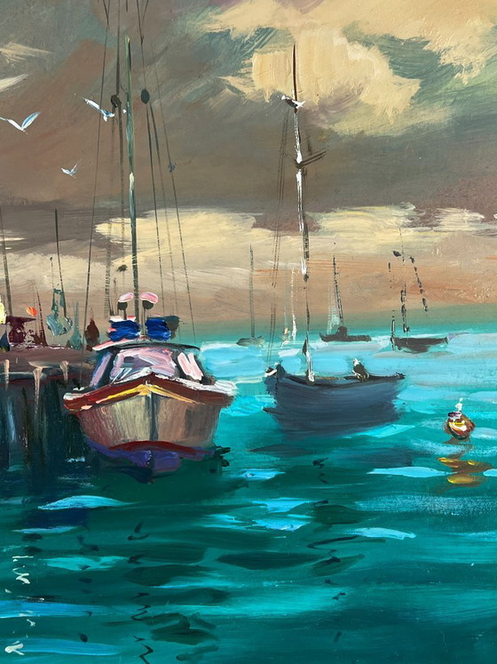 Image 1 of Peinture à l'huile originale représentant un paysage marin avec des yachts et des bateaux au quai