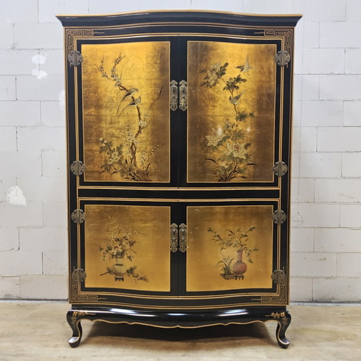 Mueble chino antiguo con pan de oro, flores y pájaros (mueble bar) estilo bohemio/oriental