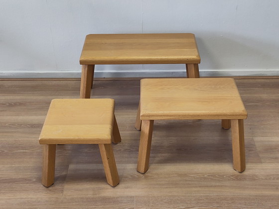 Image 1 of Vintage set of side tables in oak, brutalist