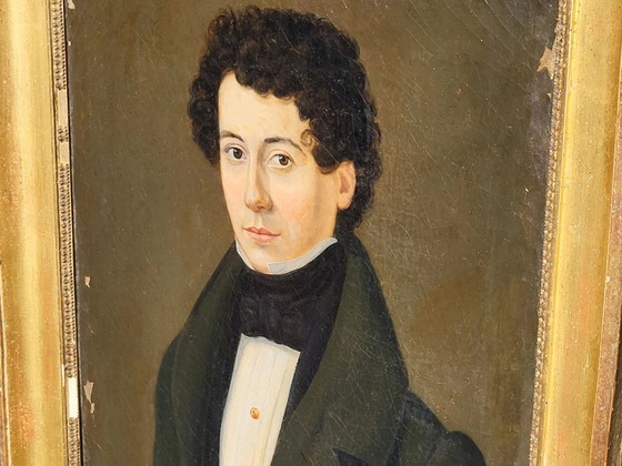 Image 1 of Antiek olieverfschilderij op doek uit de 19e eeuw, portret van een jonge man.