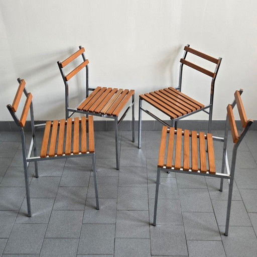 SUITE DE 4 CHAISES VINTAGE 1960 PIN & METAL CHROME 60S DLG CHARLOTTE PERRIAND