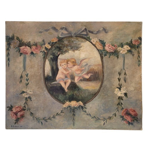 Paire de peintures à l'huile « Chérubins », D. Berthault, Art nouveau, 1922 – France