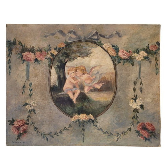 Image 1 of Paire de peintures à l'huile « Chérubins », D. Berthault, Art nouveau, 1922 – France