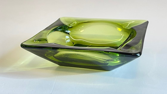 Image 1 of Geometric Glass Ashtray Vintage Green