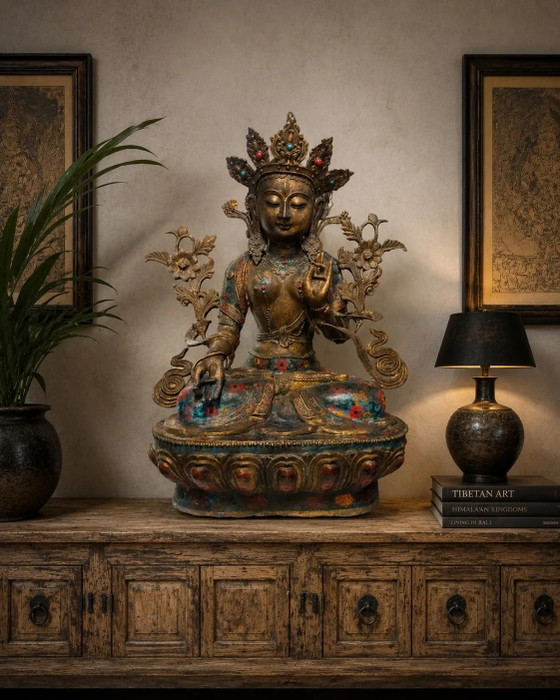 Tara Bianca Sitatara Monumentale – Tarda Dinastia Qing – 80 cm – 26,2 kg Bronzo Dorato & Cloisonné – Sculture (photo 2 of 10)