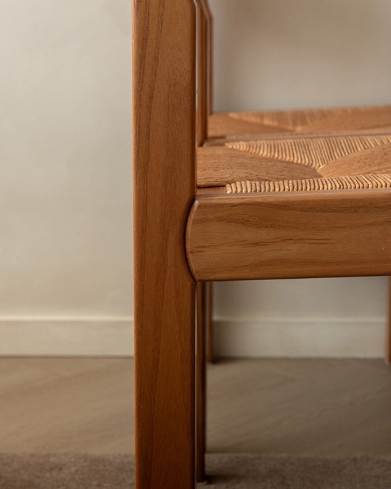 Image 1 of Mid-century eetkamerstoelen van iepenhout en riet van Maison Regain, jaren 70, set van 4