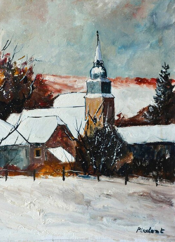Pintura, Paisaje nevado con iglesia, Multi Color, Pinturas y dibujos, Lienzo, Otro, Multicolor, Figuratief (foto 4 de 5)