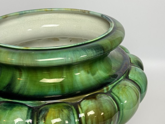 Image 1 of Beautiful Big Art Nouveau Majolica Jardiniere in High Gloss Green Tones