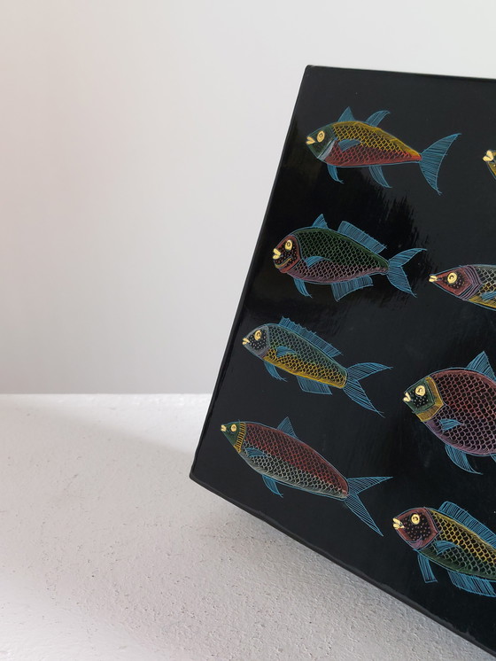 Image 1 of Scatola laccata vintage dipinta a mano di metà secolo, decoro Fosch