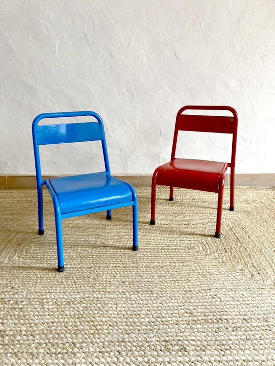 Image 1 of Pair of Mullca nursery chairs in metal and wood painted red and blue, 1950s