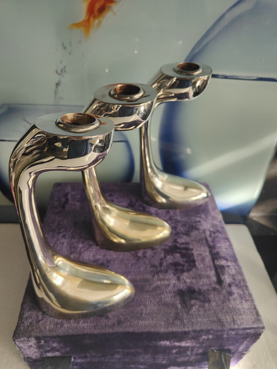 Image 1 of Satz von 3 Stücken in Box De Vecchi Petalo Style Versilberte Kerzenständer