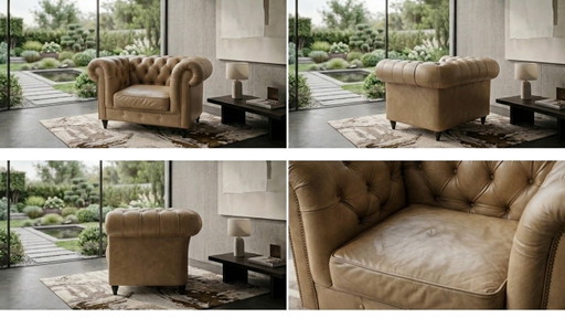 Magnifique Fauteuil Chesterfield XL Cuir Véritable – 125 Cm – Leather, Wood (photo 2 of 10)