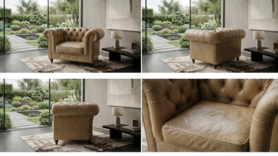 Magnifique Fauteuil Chesterfield XL Cuir Véritable – 125 Cm – Leather, Wood (photo 2 of 10)