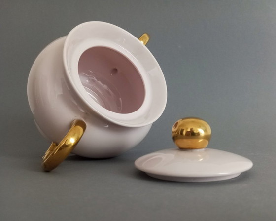 Image 1 of Azucarero con tapa 'Barbara' de Gio Ponti, estilo Art Déco/Bauhaus, rosa y dorado, década de 1930.