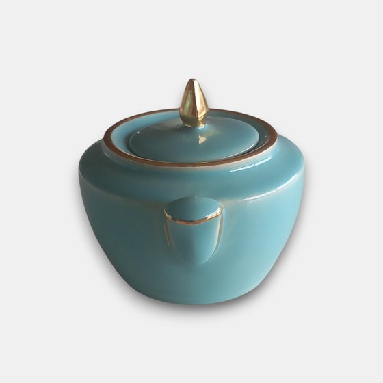 Image 1 of Vintage (1960-1970) handmade design tea set in turquoise glaze with gold accents – teapot and sugar bowl with lid