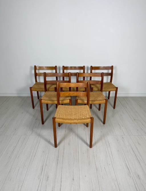 6x Chaises de salle à manger danoises en teck et cordon de papier 84 par Niels Møller années 60