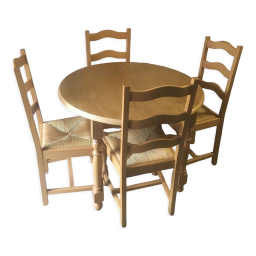 Table ronde & 4 chaises assise jonc en chêne et hêtre