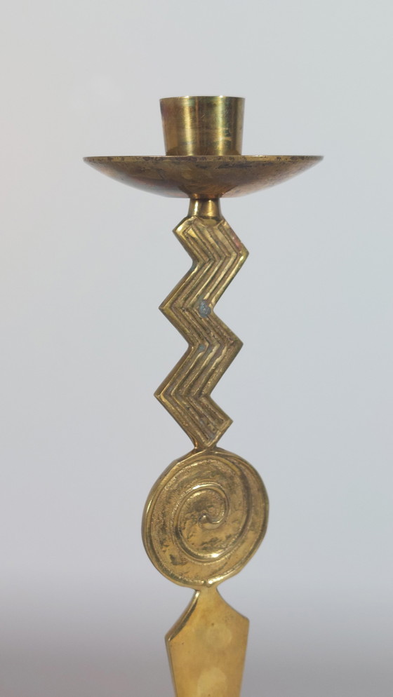 Image 1 of Pair of patinated vintage brass candlesticks, Memphis style, 1980s