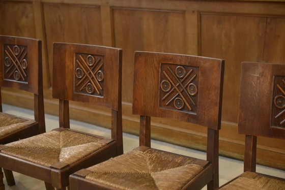 Set of 6 Charles Dudouyt chairs in oak from the 1950s., Dining chairs, Brown, Vintage (photo 3 of 13)