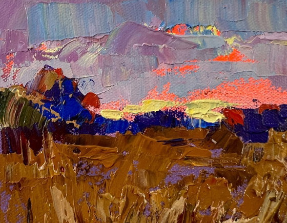 Image 1 of Original Oil Painting Autumn Sunset Landscape Evening on the River