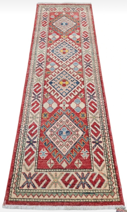 Handgeknoopt oosters wol Kazak tapijt loper Koraal Mint 64x205cm