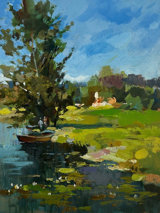 Image 1 of Origineel olieverfschilderij: Rivierlandschap langs de kust. Een boot bij een eenzame boom.