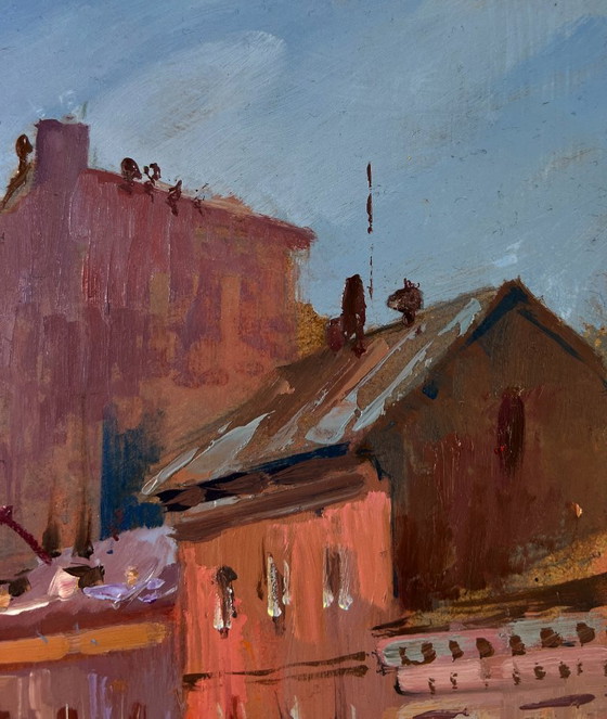 Image 1 of Original Oil Painting Evening Bridge Landscape Streets of the city at night