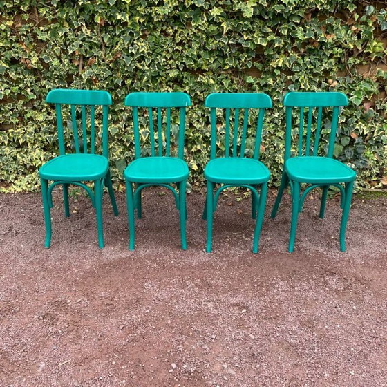 Set aus 4 grünen Bistrostühlen, Esszimmerstühle, Holz, Türkis, Vintage (Foto 3 von 15)