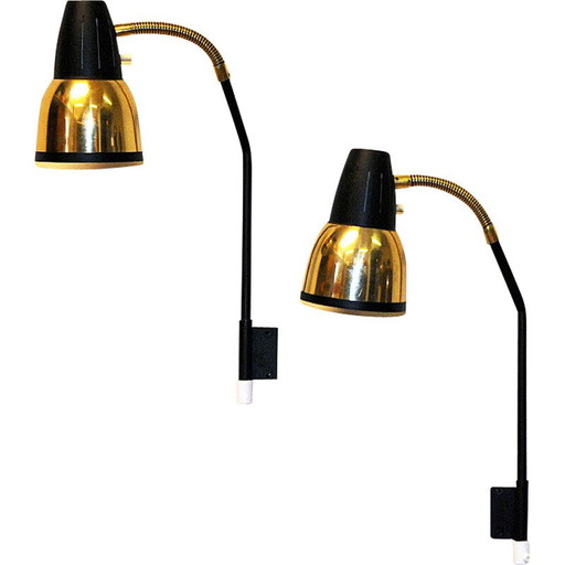 Pair of vintage brass and black metal wall lamp for Ra-Gla Belysning, Norway 1960