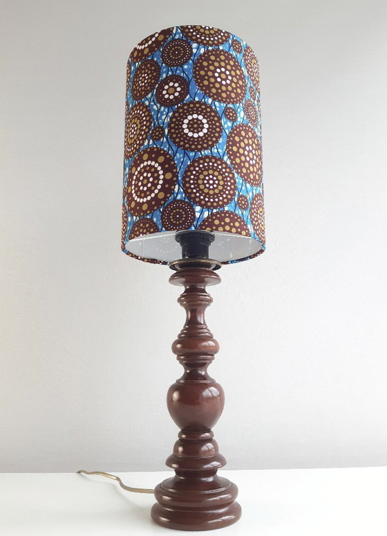 Image 1 of Turned wooden vintage lamp base with handmade lampshade of African wax fabric