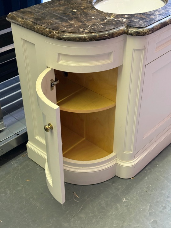 Classic Double Marble Top Bathroom Vanity & Gold Hardware – Storage cabinet (photo 9 of 12)