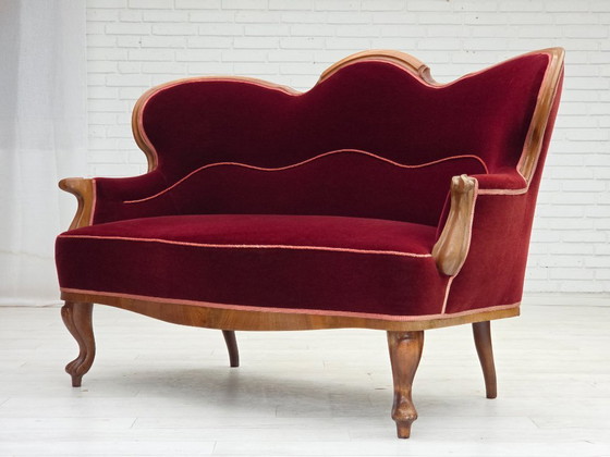 Image 1 of 1920-30s, Danish 2-seater sofa, furniture velour, ash wood, reupholstered.