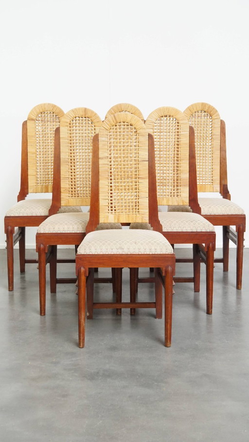 6 x Houten Art Deco design eetkamerstoel met een rieten zitting en rugleuning