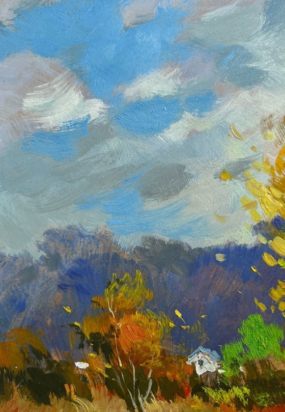 Image 1 of Pintura al óleo original Paisaje de bosque otoñal Escalones en un prado otoñal