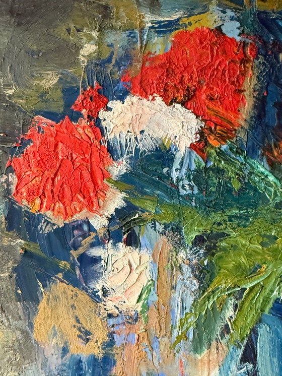 Image 1 of Nature morte expressionniste « Fête florale » huile sur toile (1955) de Leif Nilsson