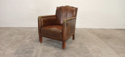 Fauteuil vintage Art Déco en cuir cognac